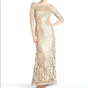 Tadashi Shoji Metallic Gold Sequined Lace Gown 18